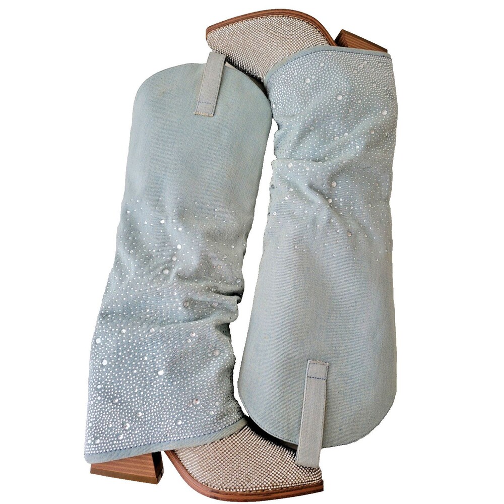 Women’s 6 Blue Denim Rhinestone Boots Tall Slouchy Sparkle Pointed Toe Pull On